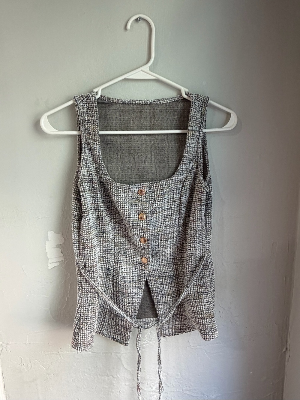 Tie-Waist Tweed Tank Top - Gray Multi